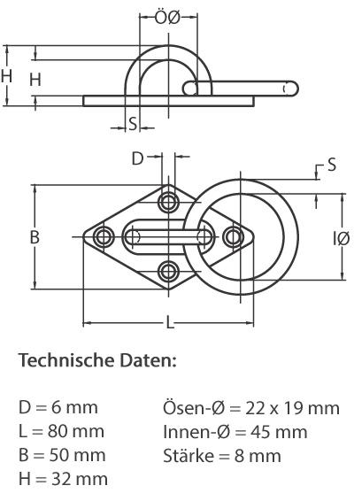 Technische Zeichnung mit Maßen des Deckenhalters für den Sling Trainer
