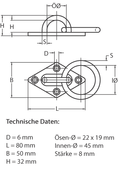 Technische Zeichnung mit Maßen des Deckenhalters für den Sling Trainer